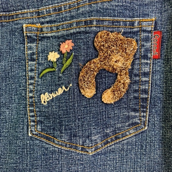COCO-5 Vintage Embroidered Novelty‎ Teddy Bear Flowers Western Denim Midi Skirt - Picture 11 of 14